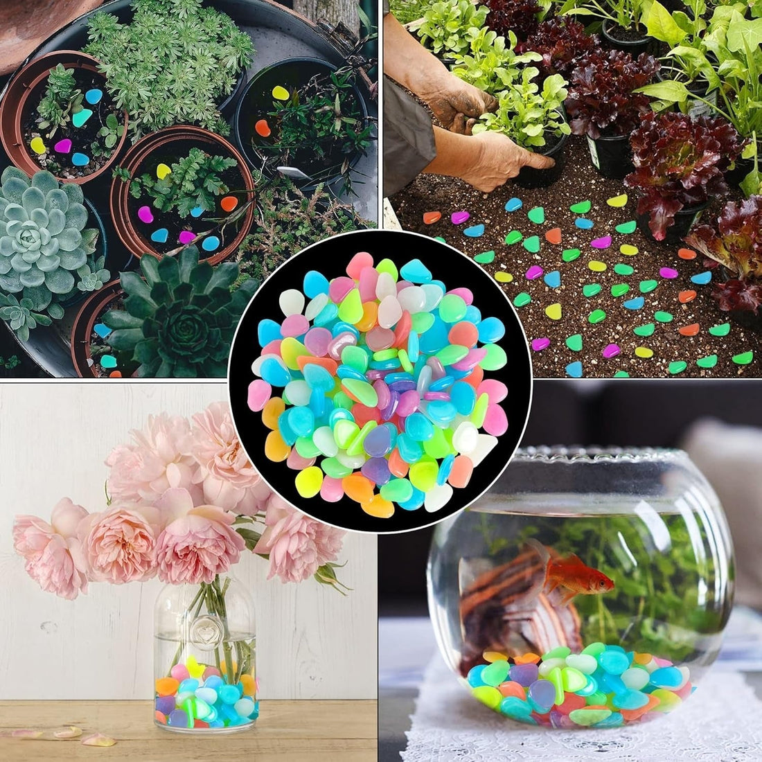 Colorful glowing garden pebbles