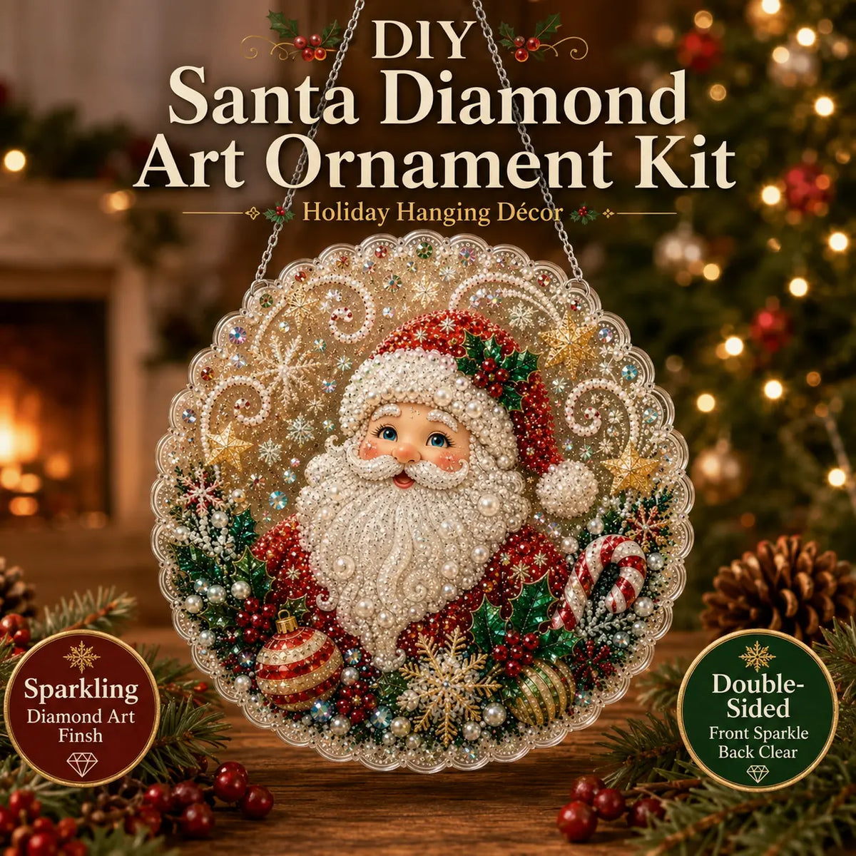 🎁🔥🎁LAST DAY 50% OFF!!✨Santa DIY Diamond Painting Hanging Ornament Kit – 8x8" Gem Art Craft Set for Christmas Decor