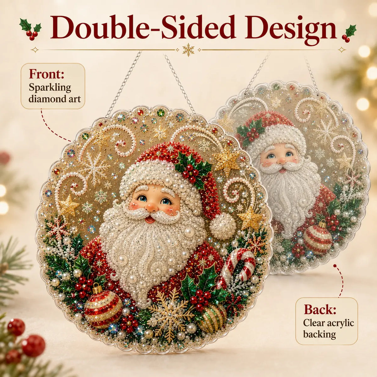 🎁🔥🎁LAST DAY 50% OFF!!✨Santa DIY Diamond Painting Hanging Ornament Kit – 8x8" Gem Art Craft Set for Christmas Decor