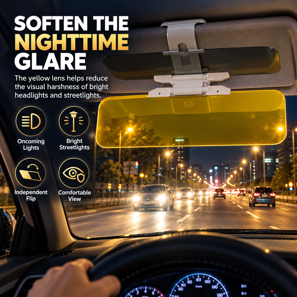 Yellow visor lens shown in a night-driving scene with bright oncoming lights