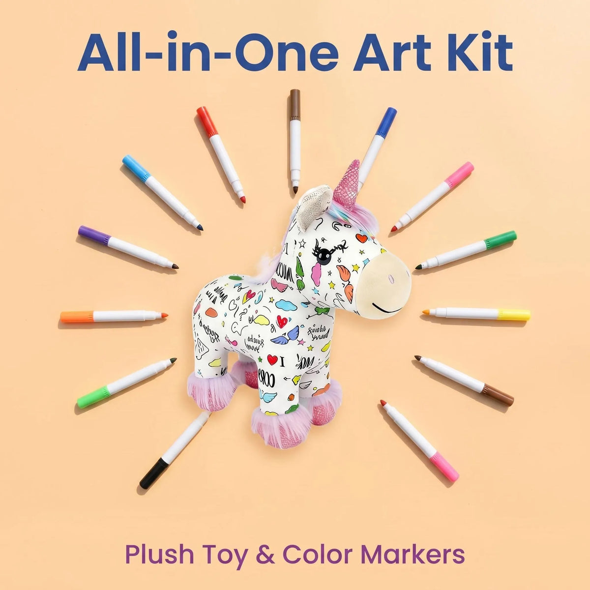 🦄 DIY Coloring Unicorn Plush Kit – Reusable Stuffed Animal Craft Set with 12 Washable Markers, Kids Gift for Ages 3–8, Birthday & Holiday Presents