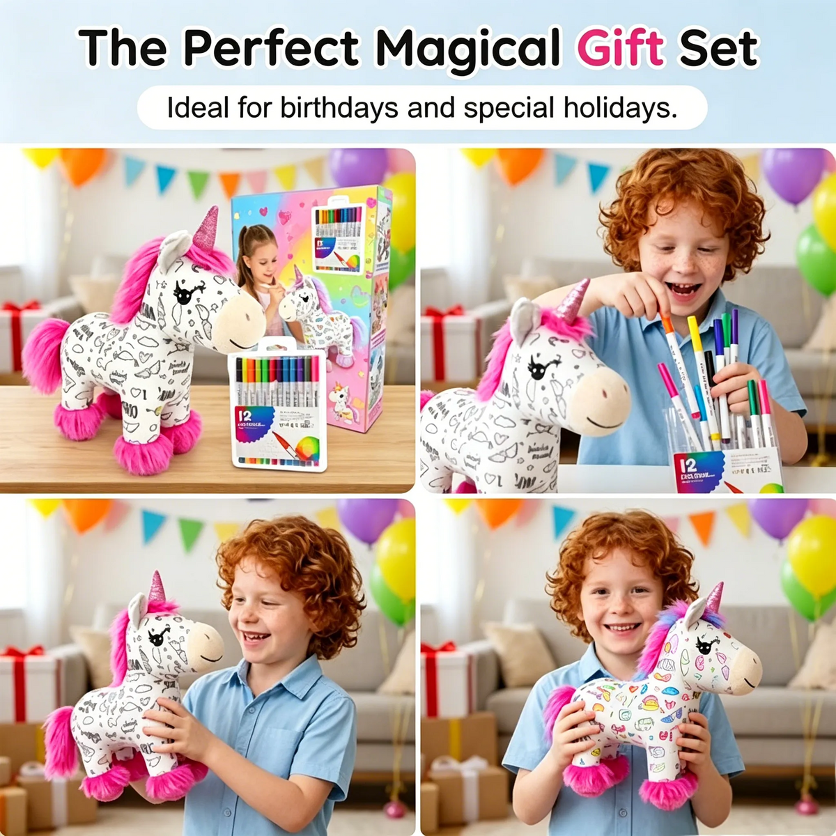 🦄 DIY Coloring Unicorn Plush Kit – Reusable Stuffed Animal Craft Set with 12 Washable Markers, Kids Gift for Ages 3–8, Birthday & Holiday Presents