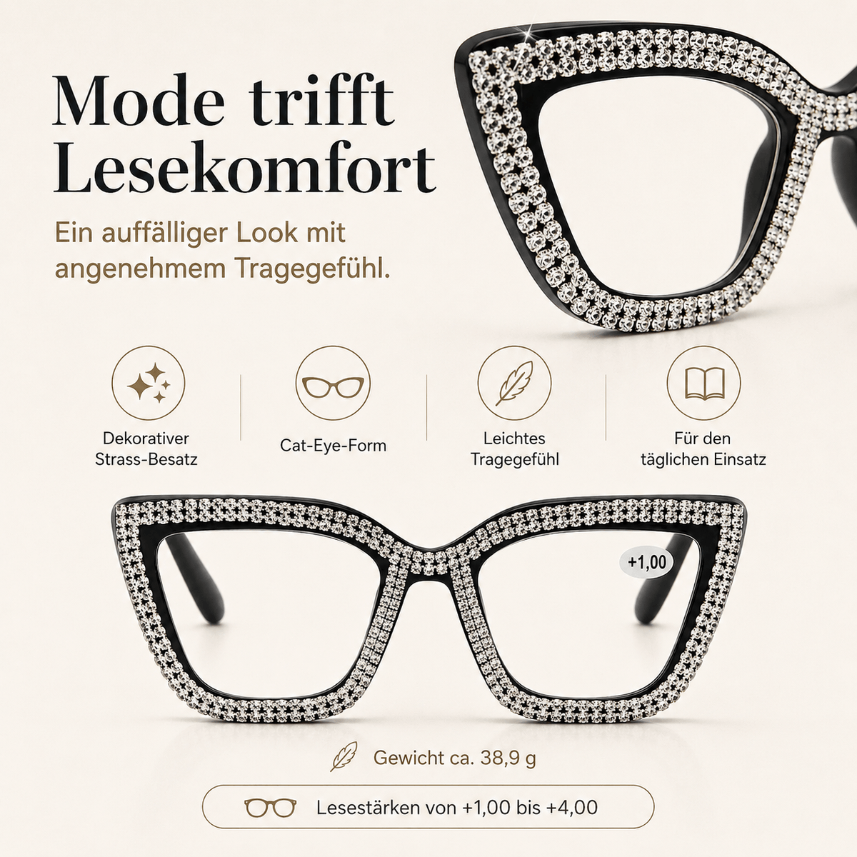 ✨ Cat-Eye Blue Light Reading Glasses with Sparkling Details