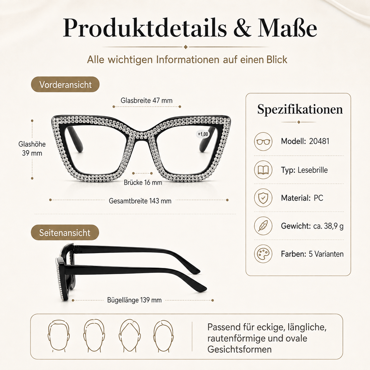 ✨ Cat-Eye Blue Light Reading Glasses with Sparkling Details