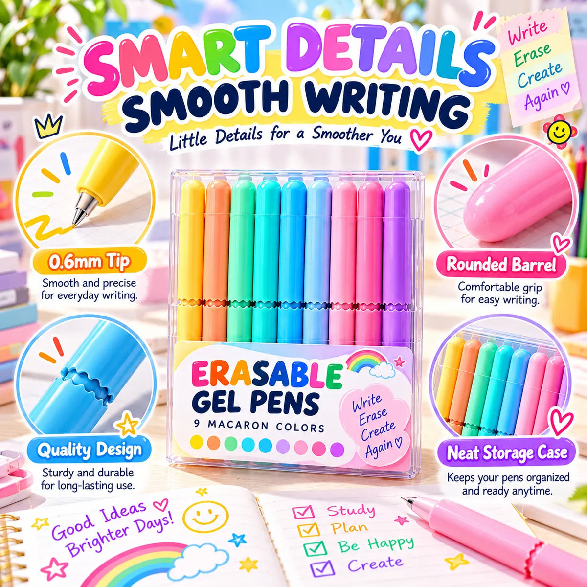 LAST DAY🔥BUY 1 GET 1 FREE ! ✨ 9-Color Erasable Gel Pen Set — Multiple Styles Available