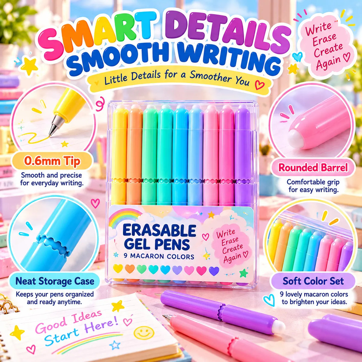 LAST DAY🔥BUY 1 GET 1 FREE ! ✨ 9-Color Erasable Gel Pen Set — Multiple Styles Available