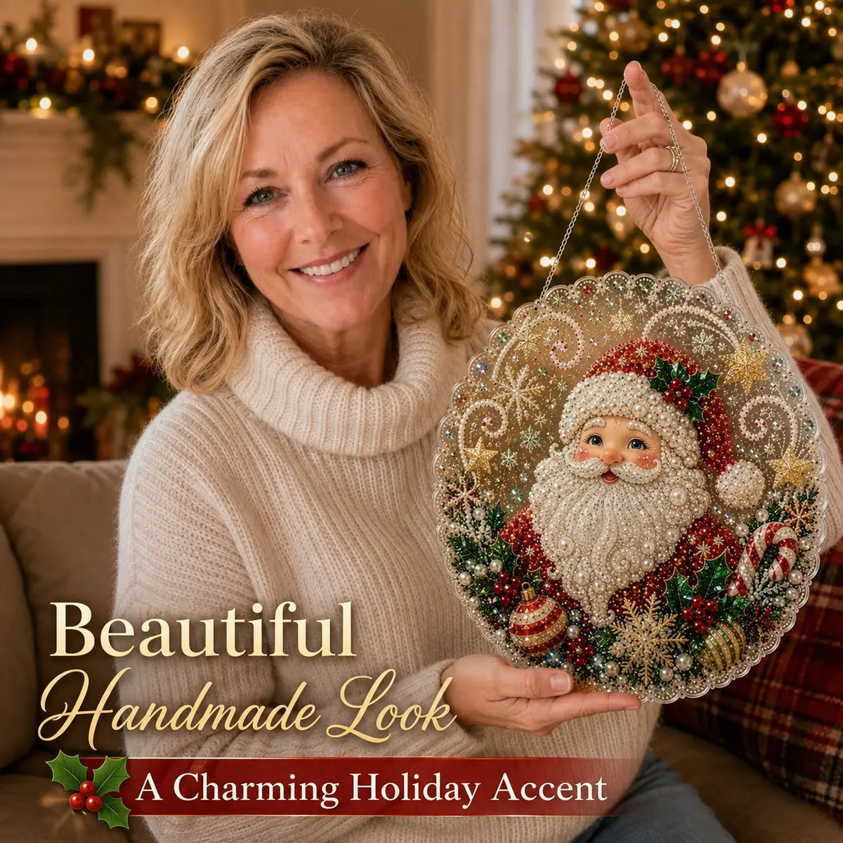 🎁🔥🎁LAST DAY 50% OFF!!✨Santa DIY Diamond Painting Hanging Ornament Kit – 8x8" Gem Art Craft Set for Christmas Decor