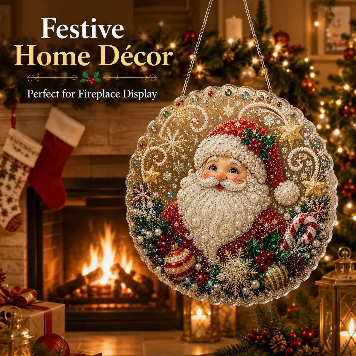🎁🔥🎁LAST DAY 50% OFF!!✨Santa DIY Diamond Painting Hanging Ornament Kit – 8x8" Gem Art Craft Set for Christmas Decor